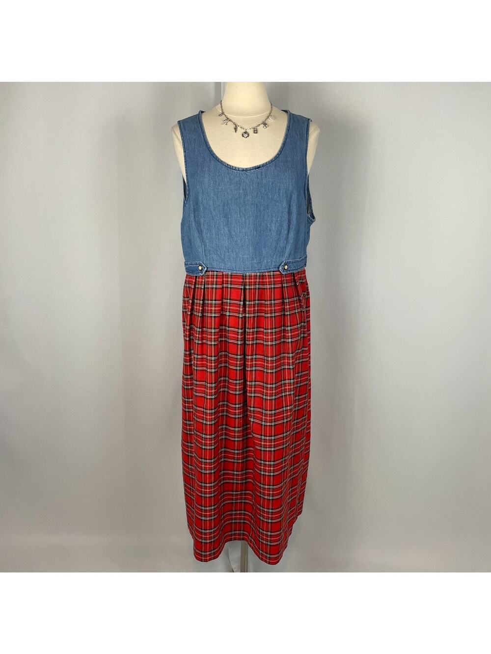 Vintage Dress Plus Size 18W Blue Denim Red Plaid Tartan Grunge Goth 90s Casual
